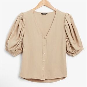 EXPRESS Linen Blend Neutral Beige Puff Sleeve Button Down Top Sz S